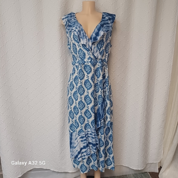Studio West Women Size  L Blue and White Geometric Midi Dress - Picture 3 of 15